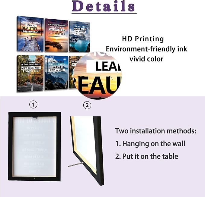 Inspirational Canvas Decoration Painting, landscape Canvas Wall Art，Suitable for Library, School, Gym,Office， Living Room Decor,6-Pack，Tabletop/Hanging(29 x 38cm) Framed