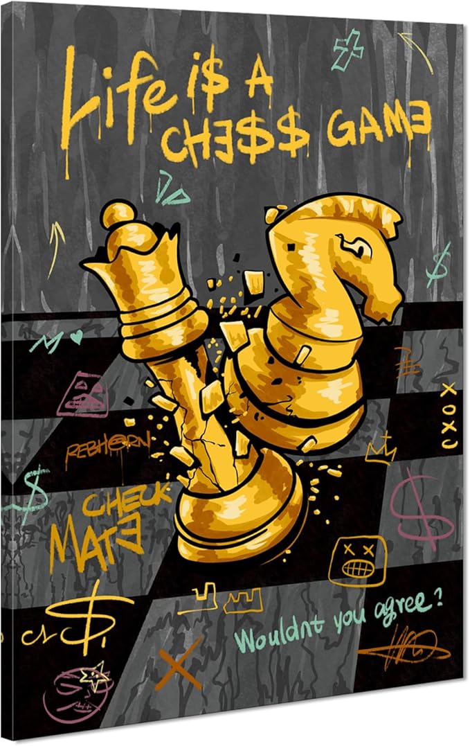 Inspirational Quotes Wall Art - Chess Pictures Wall Decor Motivational Canvas Print LIFE IS A CHESS GAME Positive Poster Modern Office Canvas Painting Black Gold Artwork Framed for Home, 28" x 44"