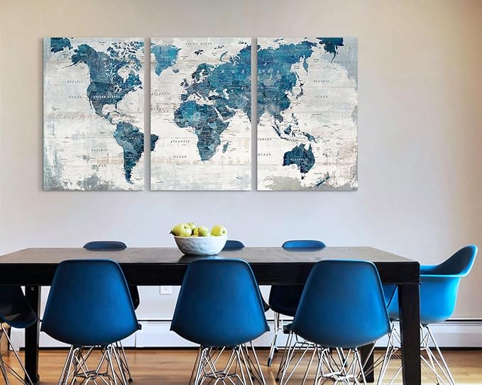 Wall Art Home Office Decor Map of The World Pictures for Living Room Extra Large Canvas Abstract Blue Bedroom Kitchen Dining Room Home Decor