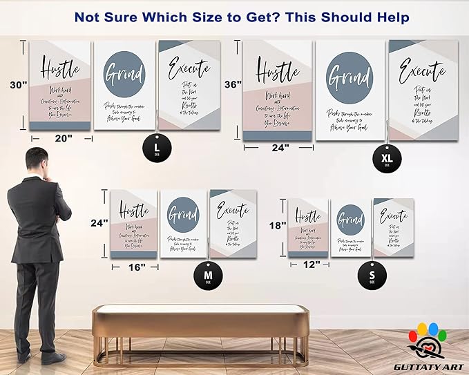 Office Wall Art - 3 Panel Motivational Wall Art, Inspirational Quotes Canvas Art for Home Office Wall Decor, Positive Quotes Wall Decor, Entrepreneur Grind Hustle Execution Poster Frame (16”x24”x3Pcs)