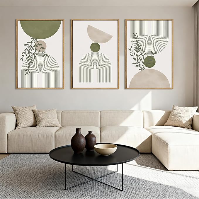 ANHUIB Boho Abstract Wall Art Canvas,Sage Green Wall Decor Framed,Geometric Line Art Prints Leaves,Minimalist Artwork Botanical,3 Piece 24x36In Beige Nature Painting for Living Room Bedroom