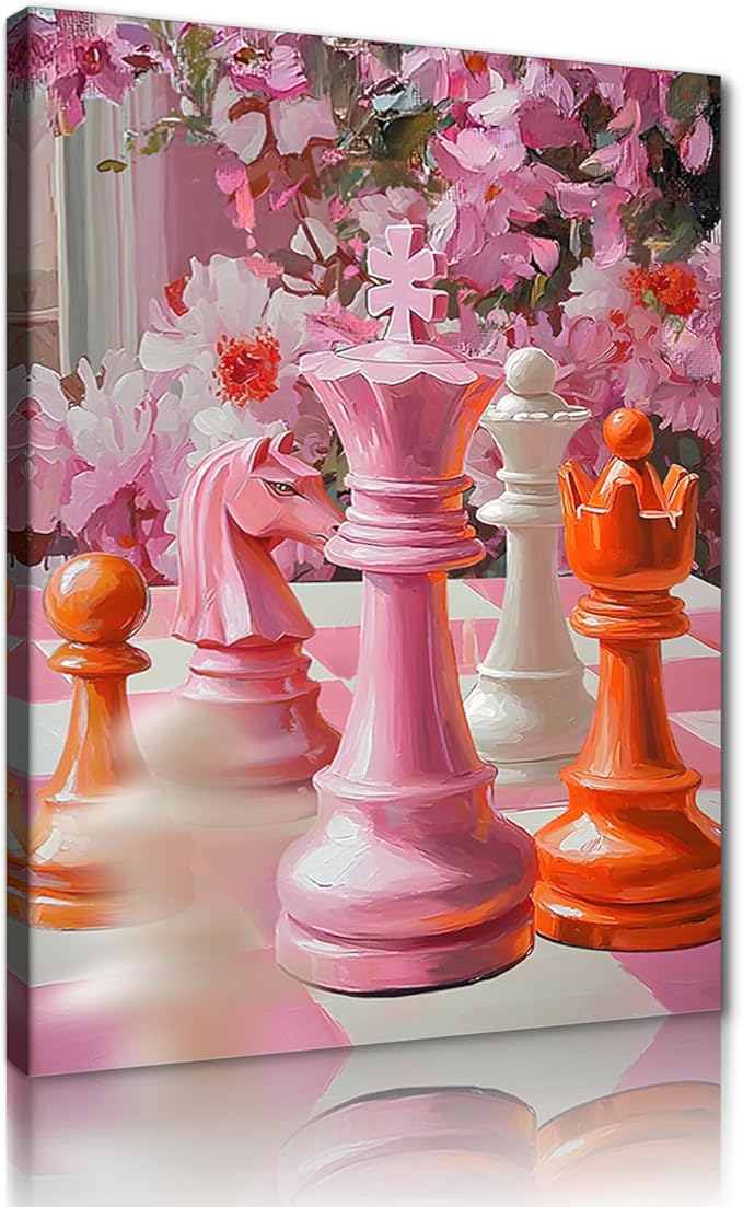 Chess Canvas Wall Art - Colorful Chess Pieces with & Pink Floral Painting, Modern Inspirational Artwork Intelligence Game Decor for Living Room, Office, Home, Stretched Framed (18x 24 in)