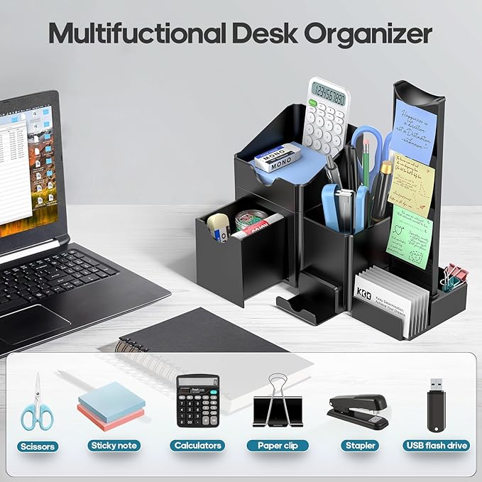 KDD Pen Organizer with Headphone Holder - Pencil Holder for Desk with Drawer and Card Holder - Multi-Functional Desk Organizer Set for Home Office Accessories Art Supplies
