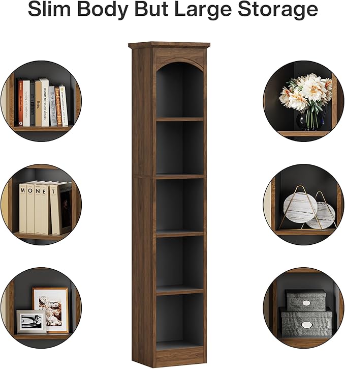 Tribesigns 70.9-Inch Tall Narrow Bookcase, 5-Tier Cube Bookshelf with Storage, Modern Slim Corner Display Shelves for Home Office, Living Room, Walnut Brown