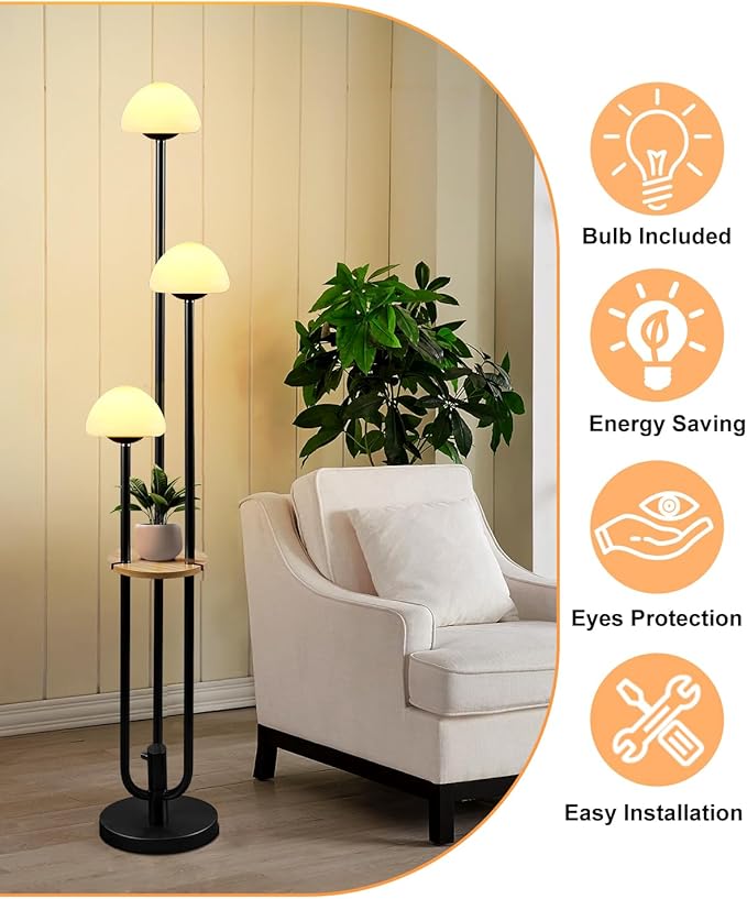 Lightdot Black Dimmable Floor Lamp with Table, Modern Floor Lamps for Living Room, 3000K Warm Lights Tall Standing Lamp with Mushroom Shades & Bulbs Included for Bedroom/Sofa Beside/Corner Decor