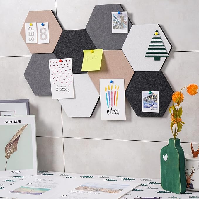 8Pcs Hexagon Felt Cork Board Tiles Self Adhesive Bulletin Board, Pin Board for Wall Decor Memos Photos Display (Set C)