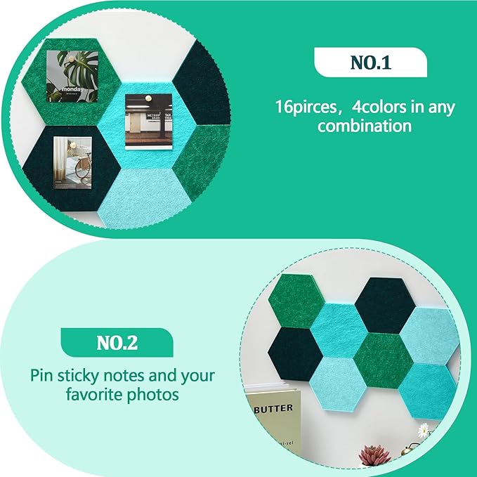 16 Pcs Hexagon Cork Board for Walls with 50 Wooden Push Pins 6.7 x 5.9 in Felt DIY Tiles Notice with Nano Tape Hanging Bulletin Board for Home Photo Office Memo Note(Turquoise)