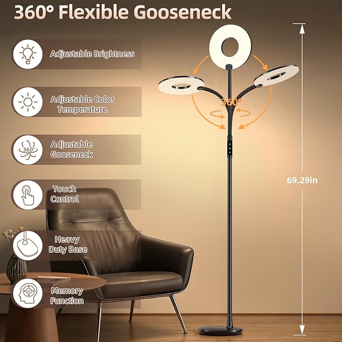 GyroVu LED Floor Lamp, 70'' Bright Reading Floor Lamps for Living Room, Dimmable & Adjustable Color Temperature, Touch Control Standing Tall Lamp with Gooseneck for Bedroom Office Craft Sewing, Black