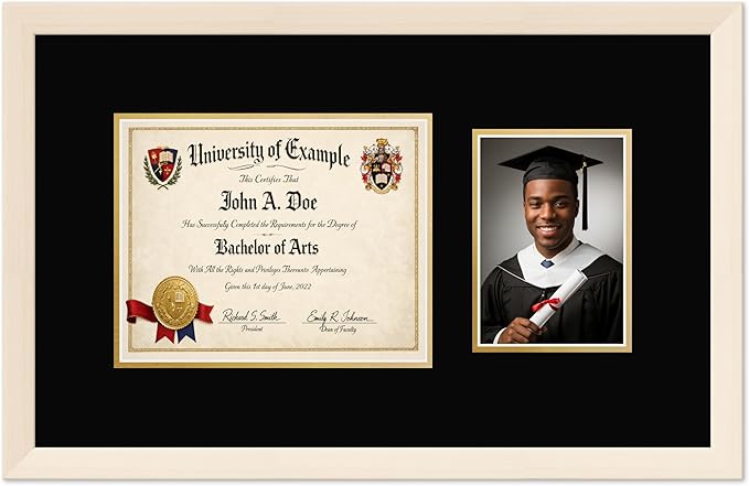 CountryArtHouse Fits 10 x 8 Professional License and 5 x 7 Photo Diploma and Photo Frame Coastal Whitewash Genuine Hardwood with Black Over Metallic Gold Double mat