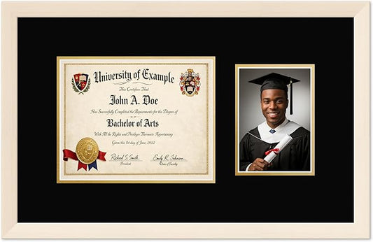 CountryArtHouse Fits 10 x 8 Professional License and 5 x 7 Photo Diploma and Photo Frame Coastal Whitewash Genuine Hardwood with Black Over Metallic Gold Double mat