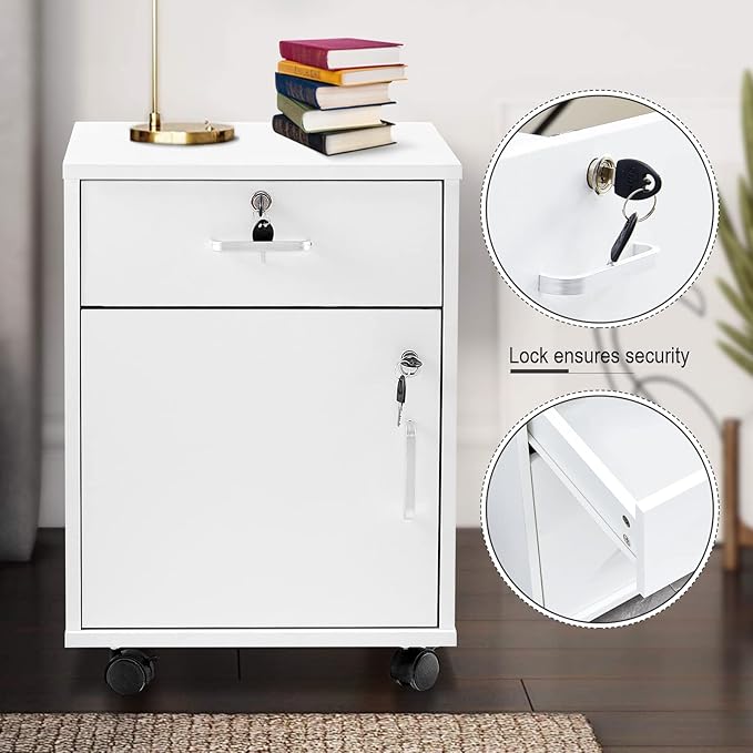 Mobile 2 Drawer File Cabinet with Lock, Wooden Under Desk Filing Cabinet with Wheels, Small Rolling Storage Cabinet for Home Office Organizer A4/Letter Size/Legal, White