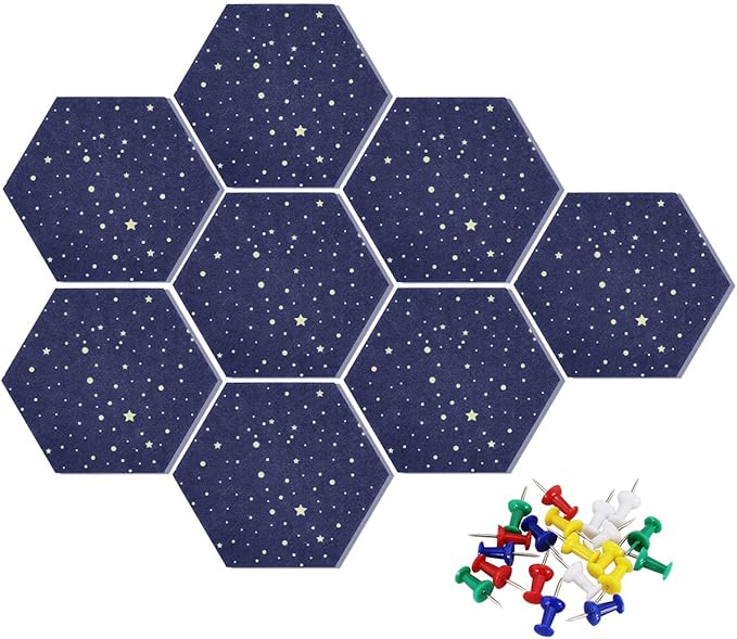 Felt Hexagon Bulletin Board with 20 Push Pins, Pack of 8 Notice Boards for Home Office Kitchen, Push Pin Board Felt Wall Tiles for Photos Memos