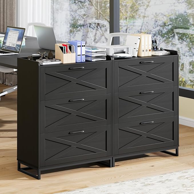 File Cabinet with 3 Drawers, Lateral File Cabinet for Letter/Legal/A4 Size Hanging Files, Large Wood File Storage Cabinets Printer Stand for Home Office, Black