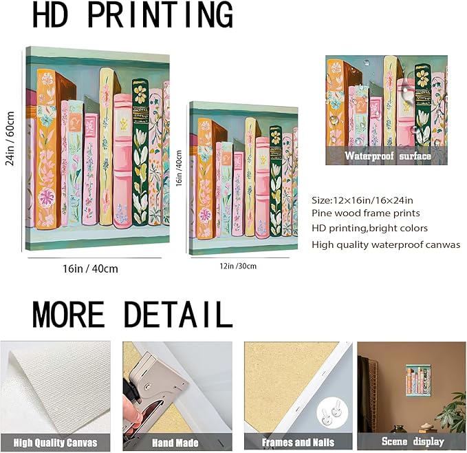 Book Wall Art Vintage Flower Books Canvas Wall Decor Pastel Bookshelf Artwork Painting Pictures Colorful Book Stack Posters Prints for Living Room Bedroom Reading Nook 16x24 Inch Framed