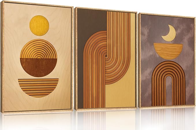 BICERE Large Boho Woodcut Framed Canvas Wall Art,Mid Century Modern Wall Decor,Abstract Geometric Brown Art Prints,Bohemian Sun and Moon Artwork for Living Room,Bedroom,Office -16"x24"x3