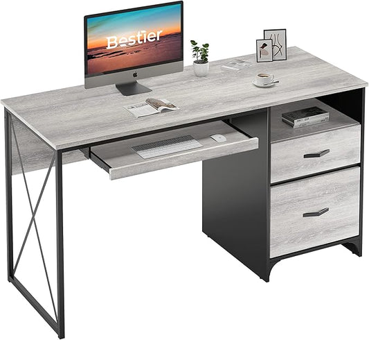 Bestier Office Desk with Drawers, 55 inch Industrial Computer Desk with Storage, Wood Teacher Desk with Keyboard Tray & File Drawer for Home Office, Light Gray Oak
