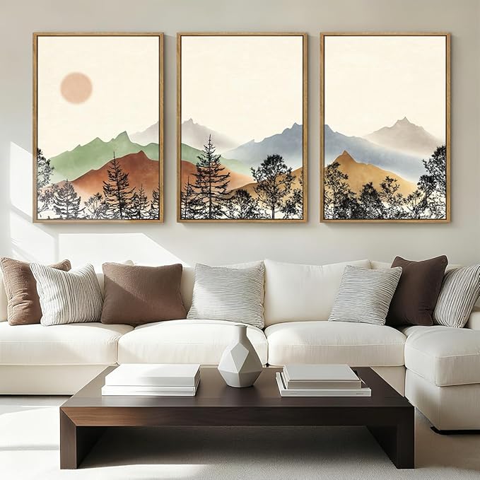 BINCUE Boho Mountain Wall Art Framed Mountain Wall Decor Sun Forest Artwork for Living Room Bedroom Office 16x24 Inches Set of 3