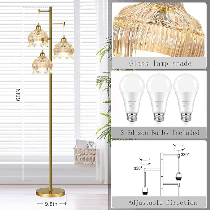 Gold Floor Lamp for Living Room,Bedroom,Mid Century Modern Standing Lamp Brass Tree 3 Light Tall Floor Lamps Vintage Retro Floor Lights Glass Amber Flower Lamp Shade Farmhouse Boho Bohemian
