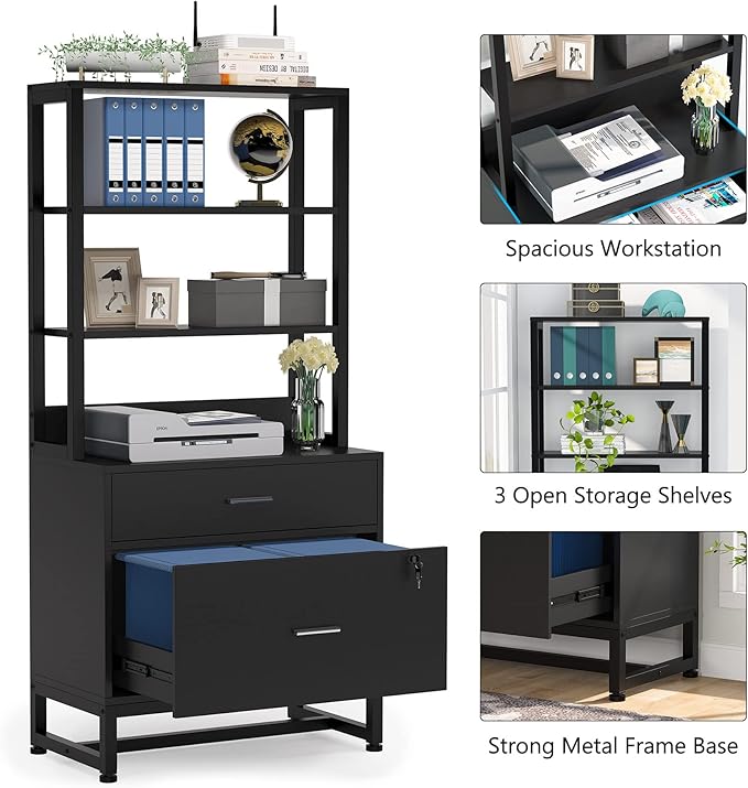 Tribesigns 2 Drawer Lateral File Cabinet with Lock, Letter Size Large Modern Filing Cabinet Printer Stand with Open Storage Shelves for Home Office, Black
