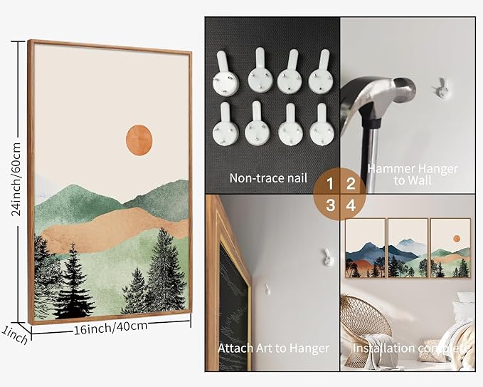 SIGNINART Boho Mountain Framed Canvas Wall Art Set of 3, Watercolor Nature Landscape Art Prints, Modern Sunrise Art Paintings, Green Forest Wall Decor for Living Room, Bedroom, Office 16"x24"x3