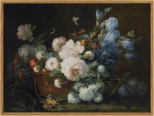 ARPEOTCY Vintage Framed Canvas Wall Art, Bathroom Hydrangea Peonies Floral Pictures Prints Retro Wall Decor, Farmhouse Moody Bedroom Living Room Flower Paintings, 12x16 Inch