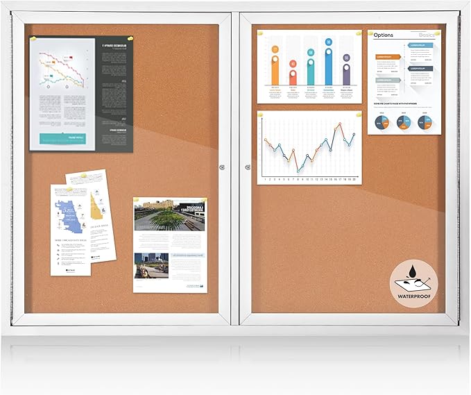 Outdoor Bulletin Board Weatherproof 48x34 in,Enclosed Bulletin Board with Locking Door, Wall Display Case for Office School Home Commercial, Silver Aluminum Frame, Cork