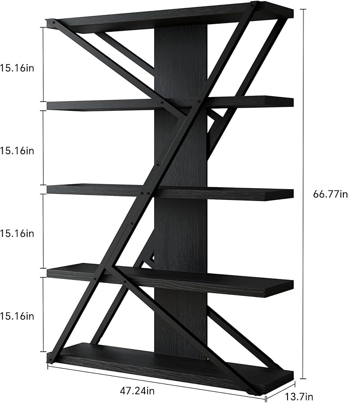 FUSUNBAO Industrial Bookshelf, Vintage 5-Tier Tall Bookcase with Wood and Metal Frame, Rustic Large Display Shelf for Home Office, 67" H x 47" L x 12" W, Black