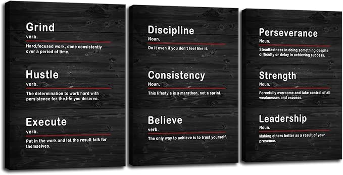 Inspirational Canvas Wall Art Office Motto Decor Discipline Consistency Strength Noun Posters Prints Artwork Motivational Quotes Wall for Home Living Room Wall Decor Wooden Framed [60" W X 28" H]