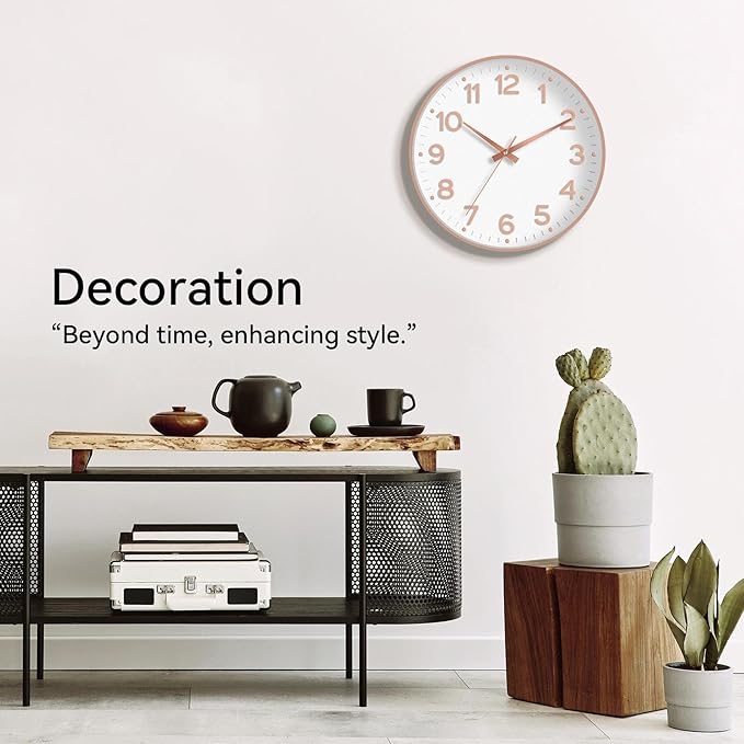 Wall Clock 12 Inch Silent Wall Clocks Battery Operated- Modern Non Ticking Analog Clock Decorative for Living Room Bedroom Office Kitchen(White Rose Gold)