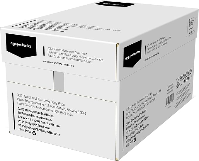 Amazon Basics 30% Recycled Multipurpose Copy & Print Paper, 8.5 x 11 Inches, 20 lb Weight, 92 Bright, White, FSC Certified, 5000 Sheets (10 Reams)