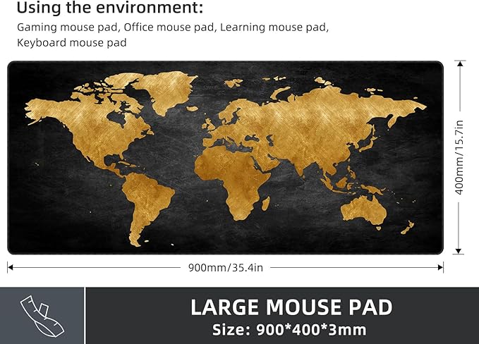 Mouse Pad Desk Mat, Multifunctional Large Gaming Mousepad, Office Desk Pad with Washable Durable Design, Keyboard Pad in Black World Map