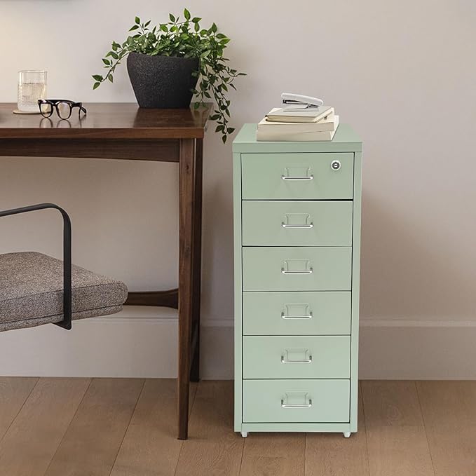 6-Drawer Metal File Cabinet, Metal Filing Storage Vertical Cabinets with Lock Home Office Filing Cabinets for Organization Hanging Letter/Legal/F4/A4 (Green)