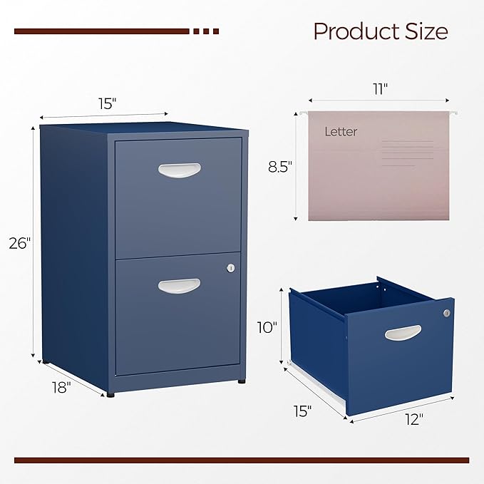 2 Drawer File Cabinet with Lock,Blue Metal Filing Cabinets,Vertical Locking File Cabinet Fit Hanging Files, Letter,File Box and A4 Documents