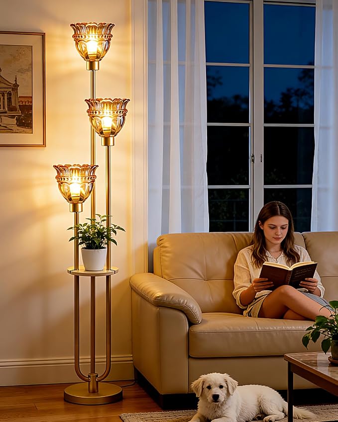 Lightdot 3-Lights Glass Floor Lamp for Living Room Mid Century Modern Gold Floor Lamp with Amber Glass Shade & 3000K Bulbs Included Tall Standing Lamp for Bedroom/Sofa Beside/Corner Decor