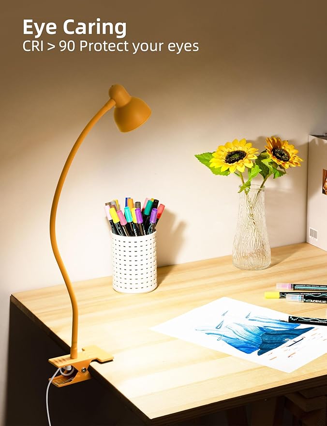 Clip on Reading Light for Bed 3 Color Modes, 10 Brightness Dimmable, Flexible Gooseneck Clip on Lamp, Eye Care Clip Light for Bed Headboard Desk Home Dorm, Yellow