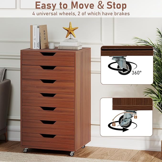 7 Drawer File Cabinet, 34.5" Vertical Storage Drawer Cart, Under Desk Office Organizer, Wooden Printer Stand, Rolling Filing Cabinet for Home Office (Walnut)