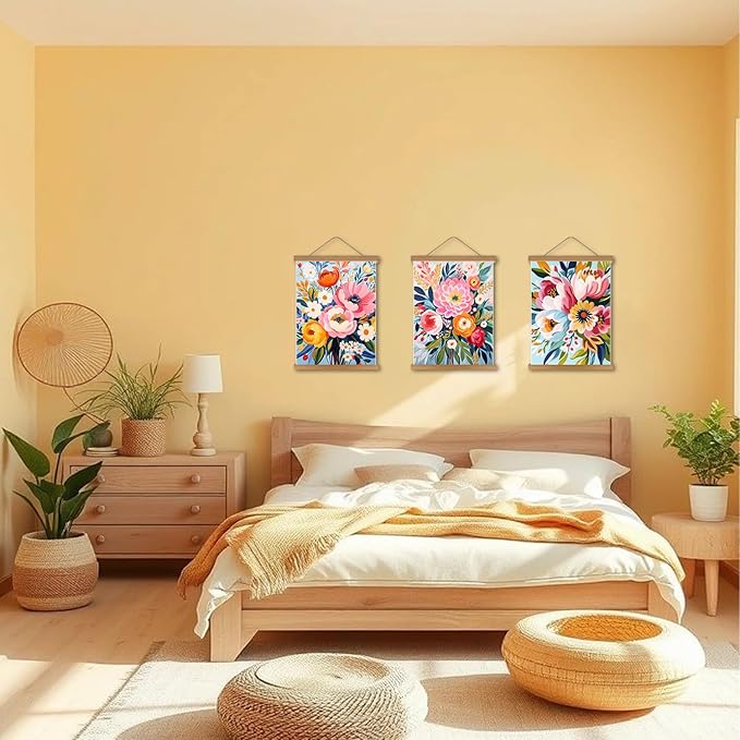 Colorful Flowers Posters Wall Art Set of 3 with Hanging Wooden Frame,Preppy Minimalist Canvas Wall Decor Prints,Vintage Beautiful Wildflower Artwork for Living Room Bedroom Bathroom Home Decor 12x16In