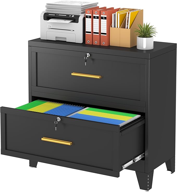 2 Drawer File Cabinet with Lock, Metal Lateral File Cabinets for Home Office, Steel Wide Filing Organization Storage Cabinets, Home Office Furniture for Hanging Files Letter/Legal/F4/A4 Size
