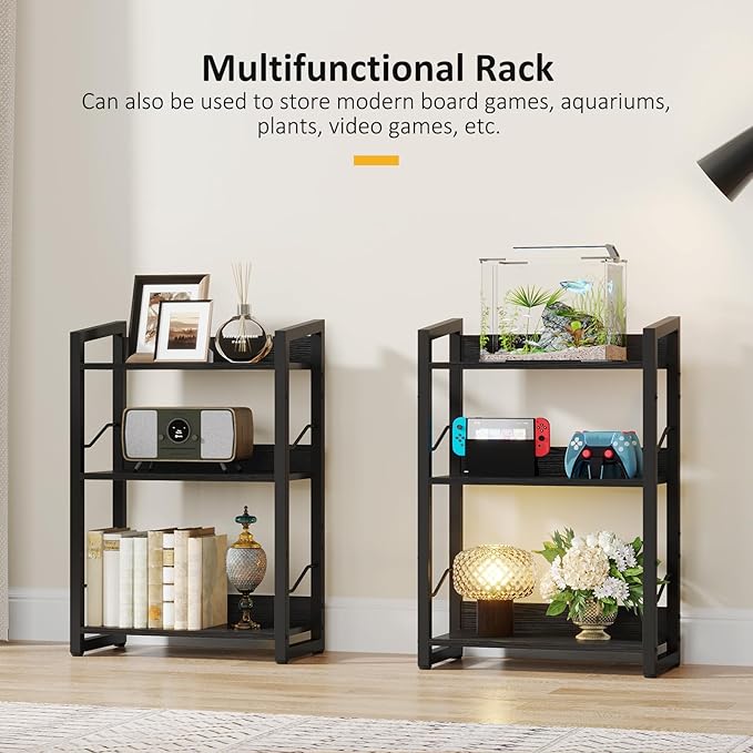 Hosfais Book Shelf Small Bookshelf - 3-Tier Wood Bookcase Industrial Bookshelf Metal Narrow Bookcase Storage Organizer Display Rack for Bedroom Living Room Home Office (Black)
