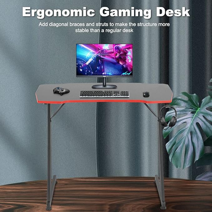 BestOffice Gmaing Desk 35.4in PC Computer Desk Z Shaped Gaming Workstation Ergonomic Gaming Table with Headphone Hook for Home Office, Red