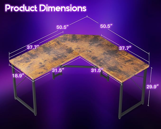 Casaottima 51 Inch L Shaped Gaming Desk, Corner Table Sturdy Workstation for Home Office, Writing, Gaming, Computer Desk for Small Space, Easy Assembly, Rustic Brown