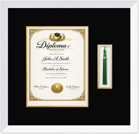 CountryArtHouse Diploma and Tassel Frame Fits 8.5 x 11 Certificate (Portrait) with Tassel Hook Bright White Genuine Hardwood Shadowbox with Black Over Metallic Gold Double mat