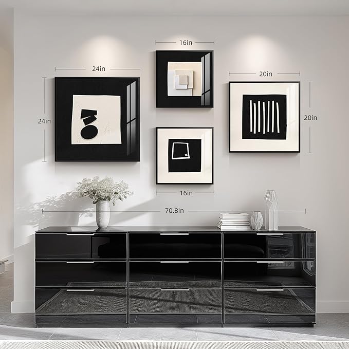 4 Piece Framed Modern Black and White Wall Art for Living Room, Large Abstract Minimalist Geometric Artworks for Walls, Bright Style Picture Prints Paintings for Dining Room Hallway Office Wall Decor