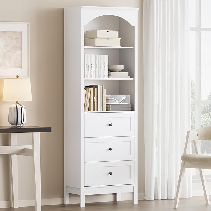 Bookshelf with Drawers, 71" Tall Wood Bookcase with Adjustable Shelf, 24" Wide Arched Book Shelf, Floor Standing Display Storage Cabinet for Home Office, Study and Living Room, Modern White
