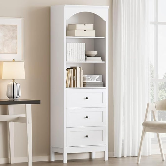 Bookshelf with Drawers, 71" Tall Wood Bookcase with Adjustable Shelf, 24" Wide Arched Book Shelf, Floor Standing Display Storage Cabinet for Home Office, Study and Living Room, Modern White
