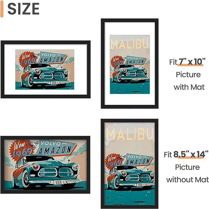 upsimples 8.5x14 Picture Frame Set of 5, Display Pictures 7x10 with Mat or 8.5x14 Without, Wall Gallery Photo Frames, Black