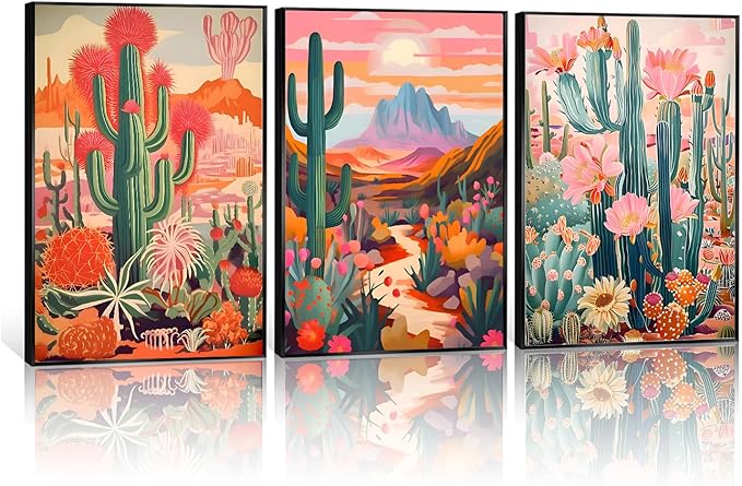 Boho Cactus Wall Art Vintage Pink Orange Plant Floral Wall decoration pictures Colorful Southwestern Rustic Painting Desert Landscape Poster Prints for Living Room Bathroom Bedroom(16x24in UNFRAMED)