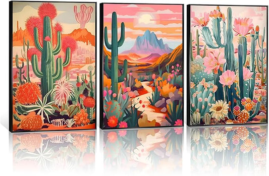 Boho Cactus Wall Art Vintage Pink Orange Plant Floral Wall decoration pictures Colorful Southwestern Rustic Painting Desert Landscape Poster Prints for Living Room Bathroom Bedroom(16x24in UNFRAMED)