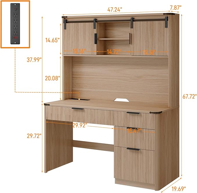 Vabches 67" H Executive Desk with Fluted Drawers,4 Drawers Fluted Computer Desk with LED Light,Charging Hub,Wood Workstation with Hutch and Sliding Barn Doors for Work and Study