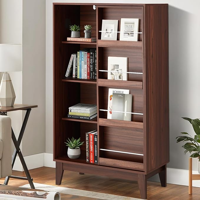 JOMEED 4 Tier Bookshelf with Sliding Door and Magazine Rack, Double Wide Modern Bookcase with Sturdy Legs, Floor Standing Display Book Cabinet for Living Room, Bedroom, Library, Office Walnut